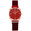Elegante reloj de cuarzo para mujer con esfera roja y correa de malla milanesa oro rosa - Rojo