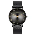 Orologio al quarzo nero con numeri romani dorati e cinturino a maglia milanese - Cinturino Nero Quadrante Bianco