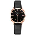 Women's minimalist quartz watch with black dial and rose gold case on leather strap - Black