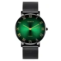 Dettaglio del quadrante verde con numeri romani e cinturino a maglia nera dell'orologio - Cinturino Nero Quadrante Verde