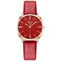 Reloj elegante de mujer con correa de cuero roja y esfera de oro rosa con strass - Rojo