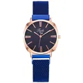 Reloj de cuarzo para mujer con caja oro rosa, correa azul y marcas de diamante - Azul