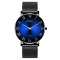 Dettaglio dell'orologio al quarzo Geneva con quadrante blu e cinturino a maglia nera - Cinturino Nero Quadrante Blu