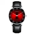 Macro shot of men's silver quartz watch with red gradient dial and Roman numerals - Silver Case Red Dial Black Strap