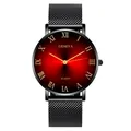 Dettaglio del quadrante rosso con numeri romani dorati e cinturino in maglia nera dell'orologio - Cinturino Nero Quadrante Rosso