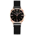 Elegant rose gold women's quartz watch with black matte dial and Milanese mesh band - Black
