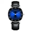 Detail view of the Roman numeral dial and gradient blue sunray face on a men's quartz watch - Silver Case Blue Dial Black Strap