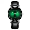 Macro view of Geneva business watch featuring green sunburst dial and black leather strap - Silver Case Green Dial Black Strap