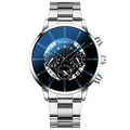 Montre à quartz avec bracelet en acier argenté et cadran à dégradé bleu - Bracelet Argent Cadran Noir Aiguilles Bleues