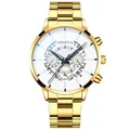 Gros plan d'une montre en acier doré avec cadran blanc, logo Geneva et trois sous-cadrans - Or Cadran Blanc Aiguilles Noires