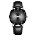 Close-up of Geneva men's quartz watch showing black sunray dial and silver Roman numerals - Silver Case Black Dial Black Strap