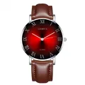 Detail of Geneva quartz watch featuring a brown leather strap and red sunburst dial face - Silver Case Red Dial Brown Strap