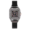 Women's quartz watch with black Milanese strap and rhinestone-encrusted octagonal case - Black