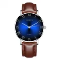 Detail of navy sunray dial with Roman numerals and brown leather strap on quartz watch - Silver Case Blue Dial Brown Strap
