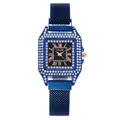 Blue square quartz watch for women with sparkling crystal bezel and starry black dial - Blue