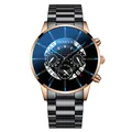 Détail du cadran de montre à quartz Geneva montrant le guichet de date et le boîtier doré rose - Boîtier Or Rose Cadran Noir Aiguille Bleue Bracelet Noir