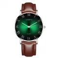 Detailed macro view of the sunray green dial with silver case and roman numerals - Silver Case Green Dial Brown Strap