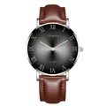 Detail of Roman numeral dial and sunburst texture on a brown leather quartz watch - Silver Case Black Dial Brown Strap