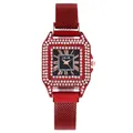 Women's quartz watch with red Milanese mesh band and sparkling rhinestone square dial - Red