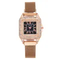 Montre carrée élégante en or rose avec lunette en cristal et cadran ciel étoilé noir - Or rose