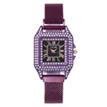 Detail of purple square quartz watch with crystal bezel and Milanese magnetic band - Purple