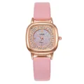 Elegant women's quartz watch with pink leather strap and rose gold rhinestone square case - Pink