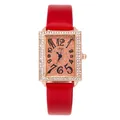 Elegant ladies rectangular watch with rose gold diamond case and vibrant red leather strap - Red