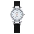 Women's quartz watch with rhinestone bezel and black magnetic Milanese mesh band - Black