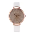 Women's quartz watch with rose gold case, pink glitter dial, and white leather strap - White