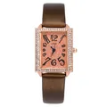 Elegant rose gold rectangular watch with rhinestone bezel and orange starry dial - Coffee