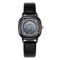 Elegant women's square quartz watch with black leather strap and sparkling starry blue dial - Black