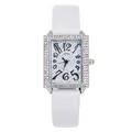 Elegant rectangle silver quartz watch for women with rhinestone bezel and white leather strap - White