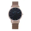 Detail view of Geneva mesh band watch featuring a black dial and rose gold Milanese strap - Rose Gold Case Black Dial Blue Needle