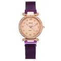 Elegant purple mesh band quartz watch with rose gold rhinestone dial for women - Purple