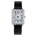Elegant silver rectangular quartz watch for women with rhinestone inlay and black strap - Black