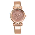 Women's rose gold fashion watch with full rhinestone dial and leather strap - Gold