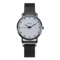 Detail of Geneva minimalist watch with white dial and black Milanese mesh strap - White Face Black Hand Black Band