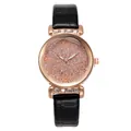 Elegant rose gold women's quartz watch with pink glitter dial and black leather strap - Black