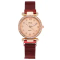Elegant women's quartz watch with rose gold rhinestone bezel and red mesh strap - Red