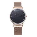 Detail of rose gold Milanese mesh strap and black dial on Geneva minimalist watch - Rose Gold Case Black Dial Rose Gold Hands