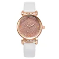Detail of rose gold watch case with crystal inlay and white crocodile embossed leather strap - White