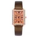 Women's rectangular rose gold quartz watch with diamond-set bezel and brown leather strap - Brown