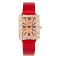 Elegant women's rectangular quartz watch with rose gold diamond bezel and red leather strap - Red