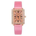 Women's rectangular quartz watch with orange sunray dial and crystal bezel pink strap - Pink