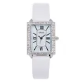 Women's quartz watch with rectangular crystal-encrusted case and white leather strap - White