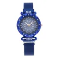 Detail of blue flower dial watch with crystal bezel and magnetic Milanese mesh strap - Blue