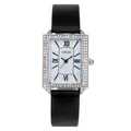 Women's rectangular silver watch with crystal bezel and black leather strap - Black