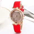 Women's quartz watch with red leather strap, rose gold diamond case and glitter dial - Red
