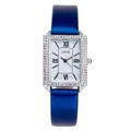 Close-up of rectangular silver watch with crystal bezel and blue satin leather strap - Blue