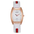 Elegant rose gold tonneau quartz watch with white leather strap and stripe detail - White